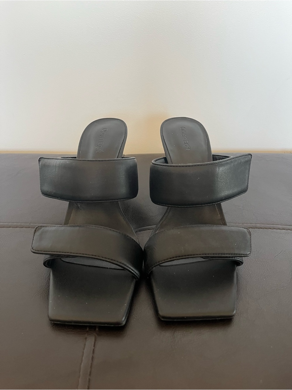 Sleek Black Double-Strap Square-Toe Heeled Slides